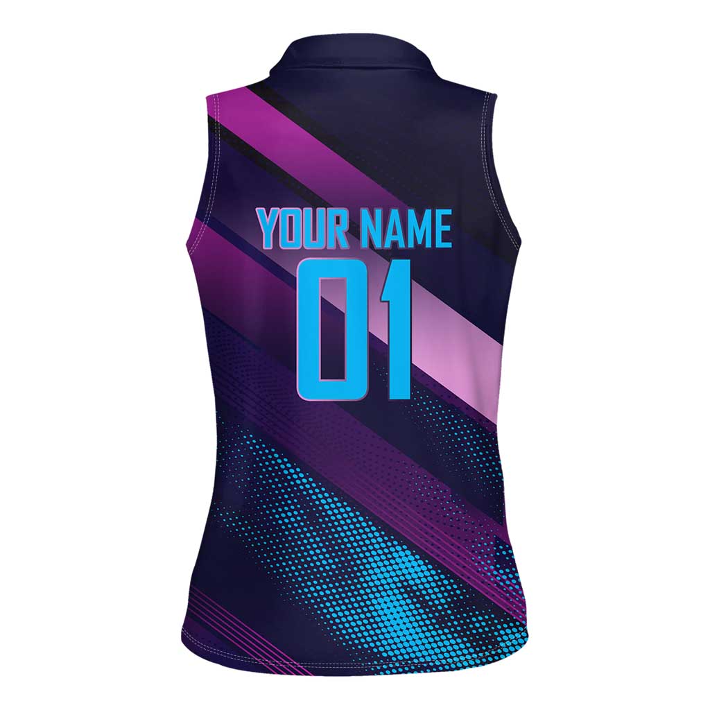 Personalized Boros Volleyball Action Design Women Sleeveless Polo Shirt With a dynamic sporty style in purple and blue.