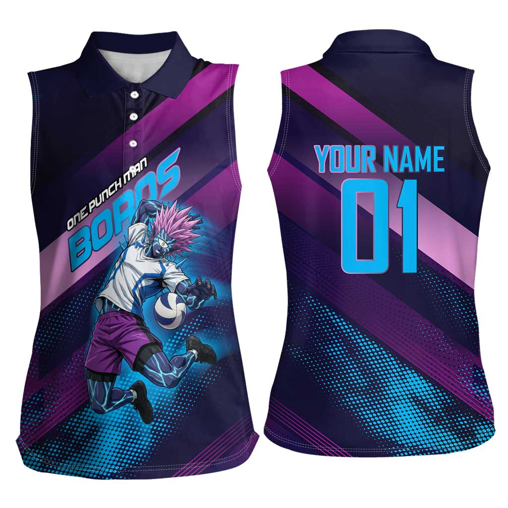 Personalized Boros Volleyball Action Design Women Sleeveless Polo Shirt With a dynamic sporty style in purple and blue.