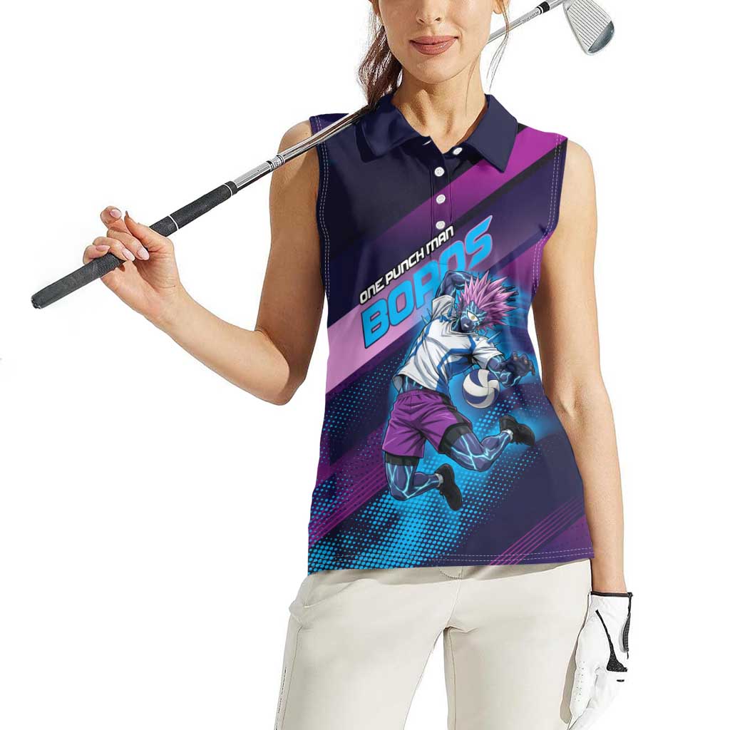 Personalized Boros Volleyball Action Design Women Sleeveless Polo Shirt With a dynamic sporty style in purple and blue.