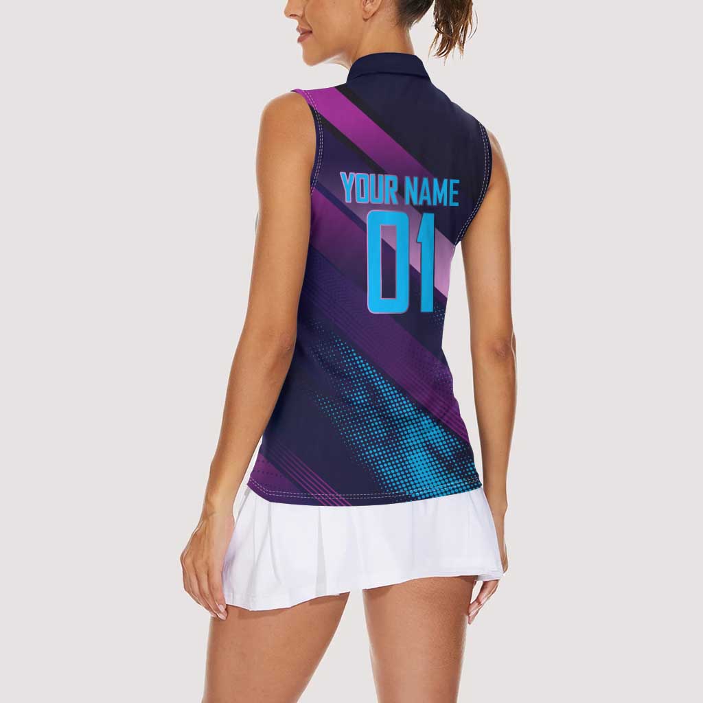 Personalized Boros Volleyball Action Design Women Sleeveless Polo Shirt With a dynamic sporty style in purple and blue.