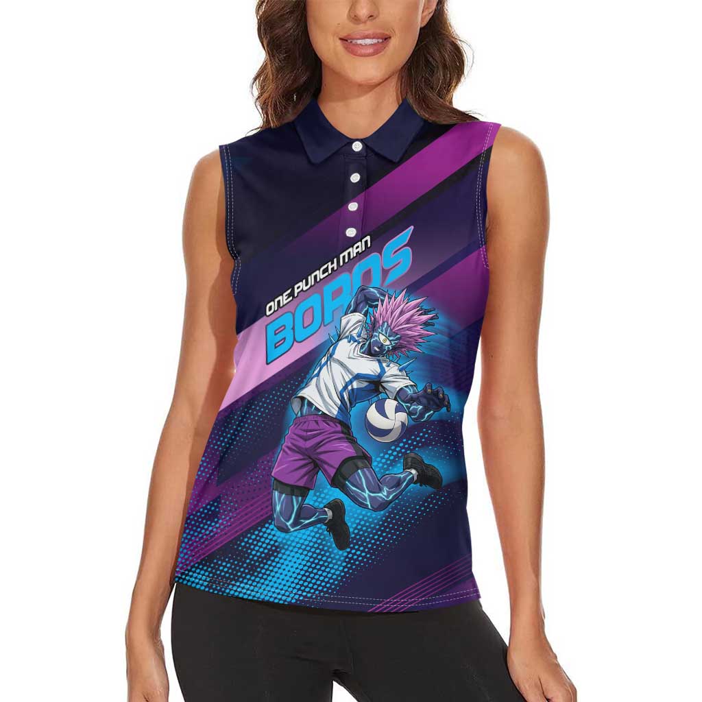 Personalized Boros Volleyball Action Design Women Sleeveless Polo Shirt With a dynamic sporty style in purple and blue.
