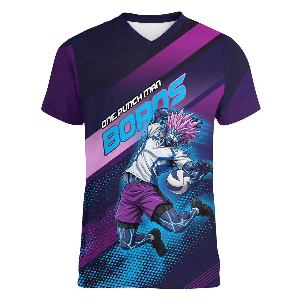 Personalized Boros Volleyball Action Design Women V-Neck T-Shirt With a dynamic sporty style in purple and blue.