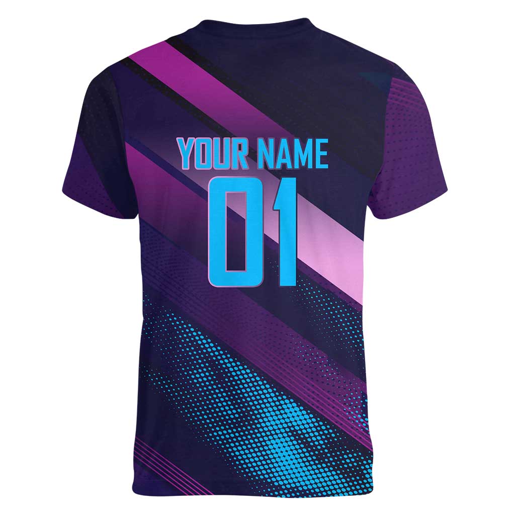 Personalized Boros Volleyball Action Design Women V-Neck T-Shirt With a dynamic sporty style in purple and blue.