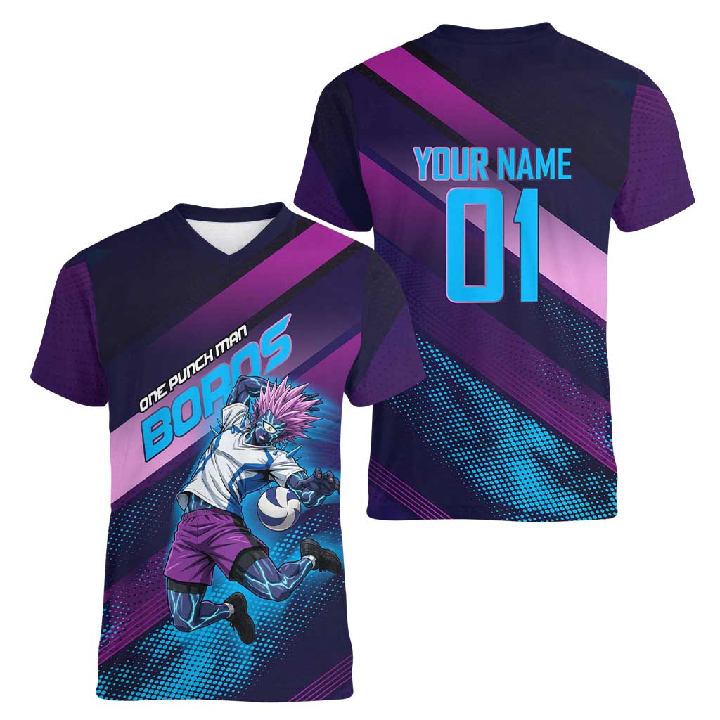 Personalized Boros Volleyball Action Design Women V-Neck T-Shirt With a dynamic sporty style in purple and blue.