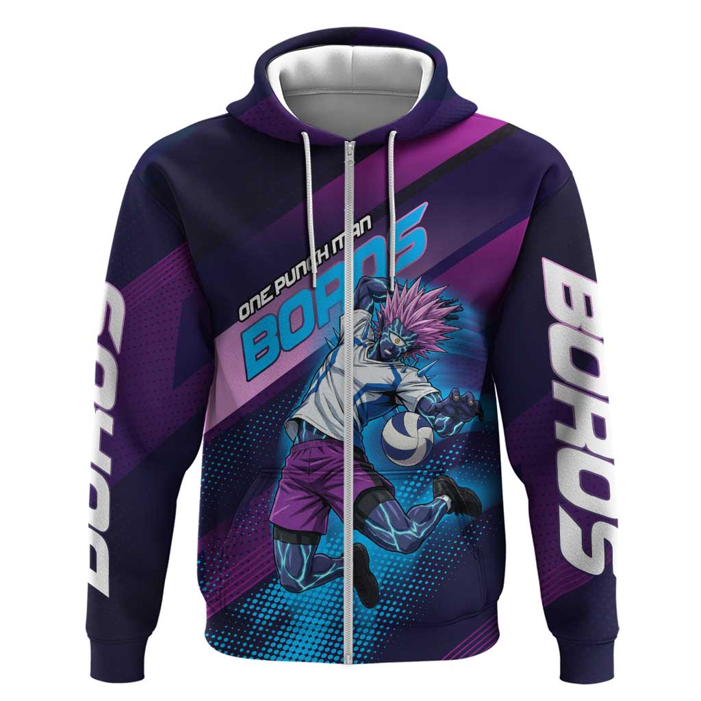 Personalized Boros Volleyball Action Design Zip Hoodie With a dynamic sporty style in purple and blue.