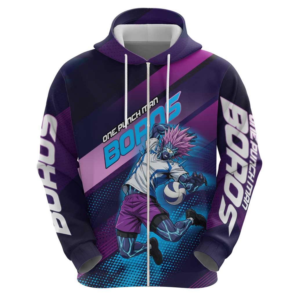 Personalized Boros Volleyball Action Design Zip Hoodie With a dynamic sporty style in purple and blue.