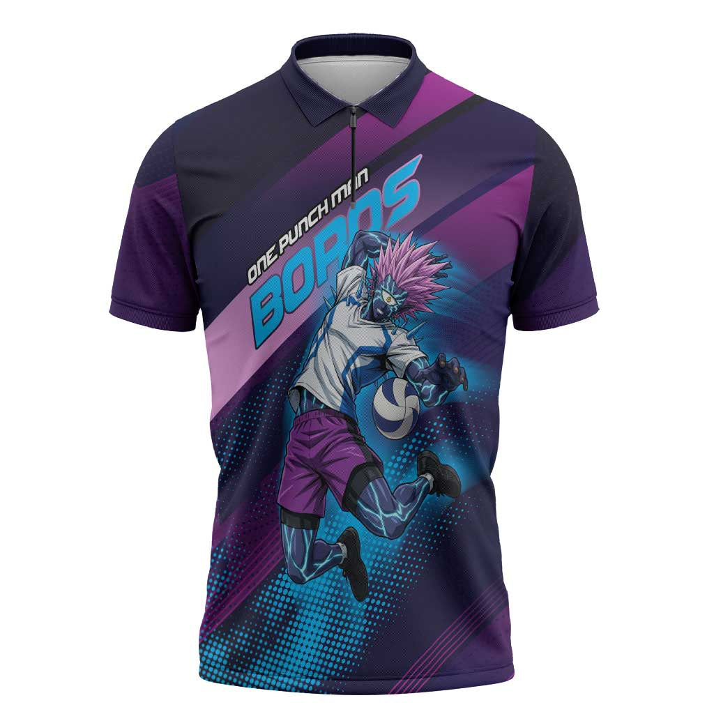 Personalized Boros Volleyball Action Design Zipper Polo Shirt With a dynamic sporty style in purple and blue.