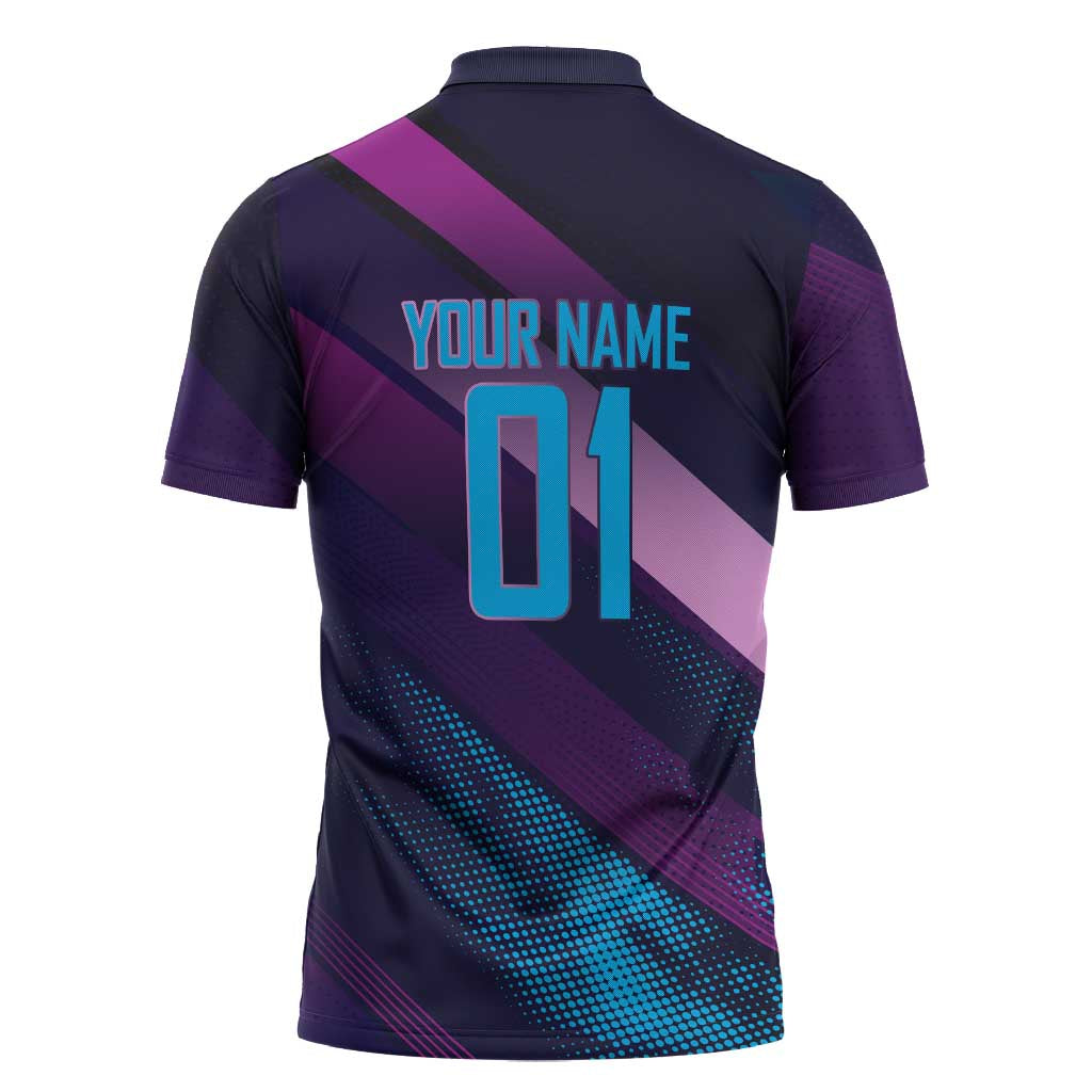 Personalized Boros Volleyball Action Design Zipper Polo Shirt With a dynamic sporty style in purple and blue.