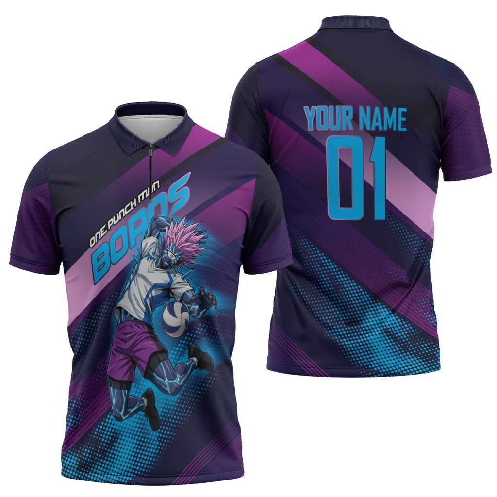 Personalized Boros Volleyball Action Design Zipper Polo Shirt With a dynamic sporty style in purple and blue.