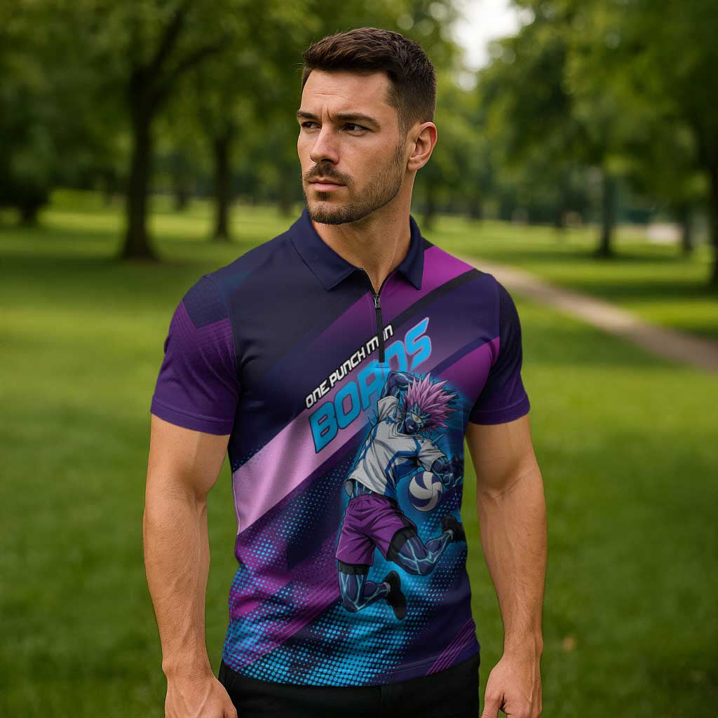Personalized Boros Volleyball Action Design Zipper Polo Shirt With a dynamic sporty style in purple and blue.