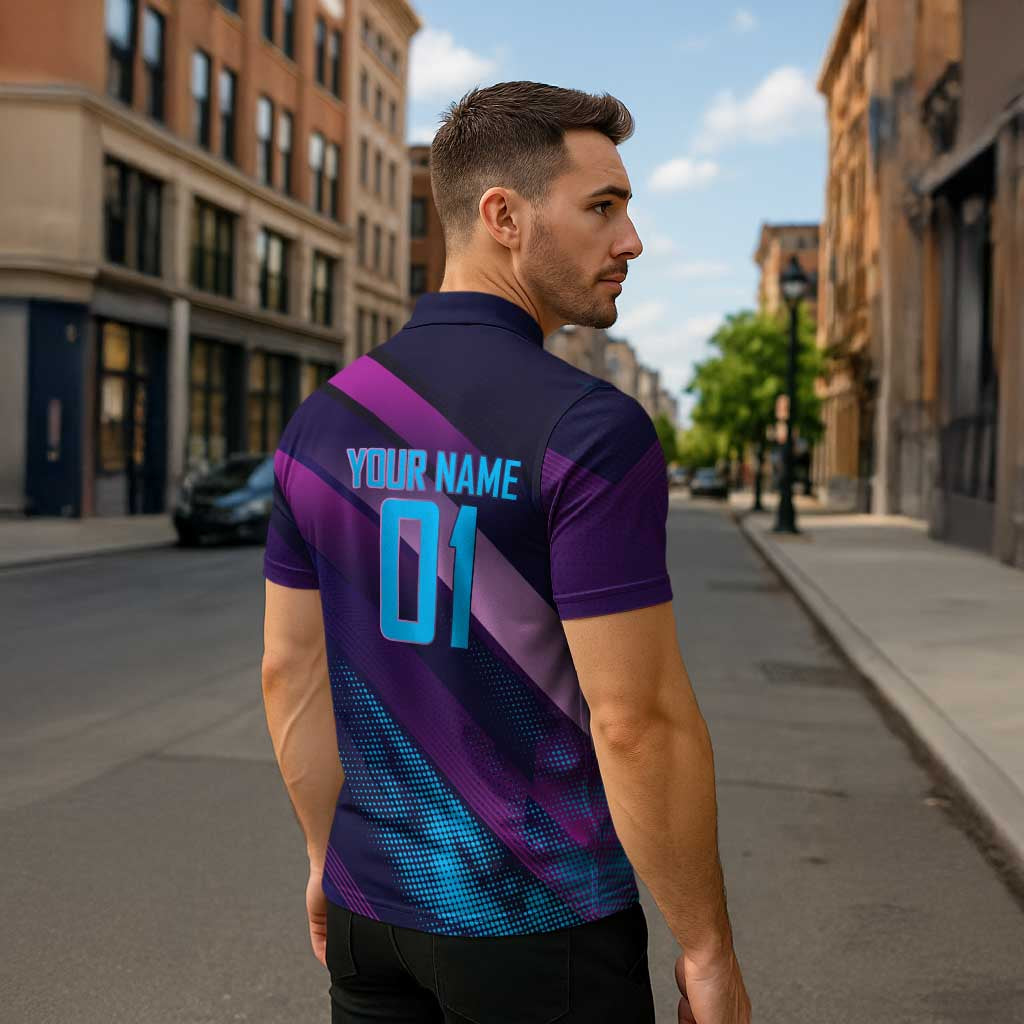 Personalized Boros Volleyball Action Design Zipper Polo Shirt With a dynamic sporty style in purple and blue.