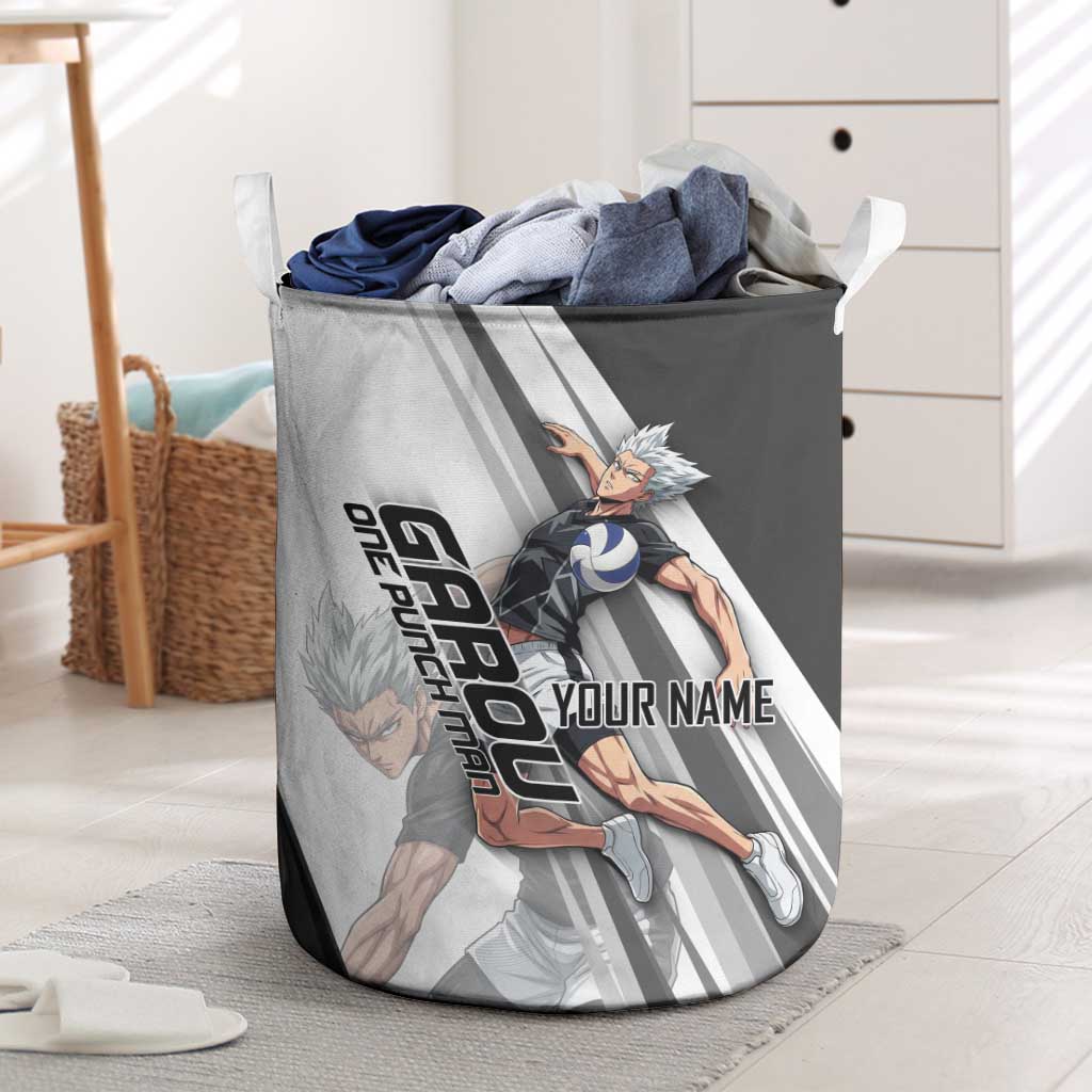 Personalized Garou Volleyball Action Design Laundry Basket with Monochrome Stripes and Dynamic Pose