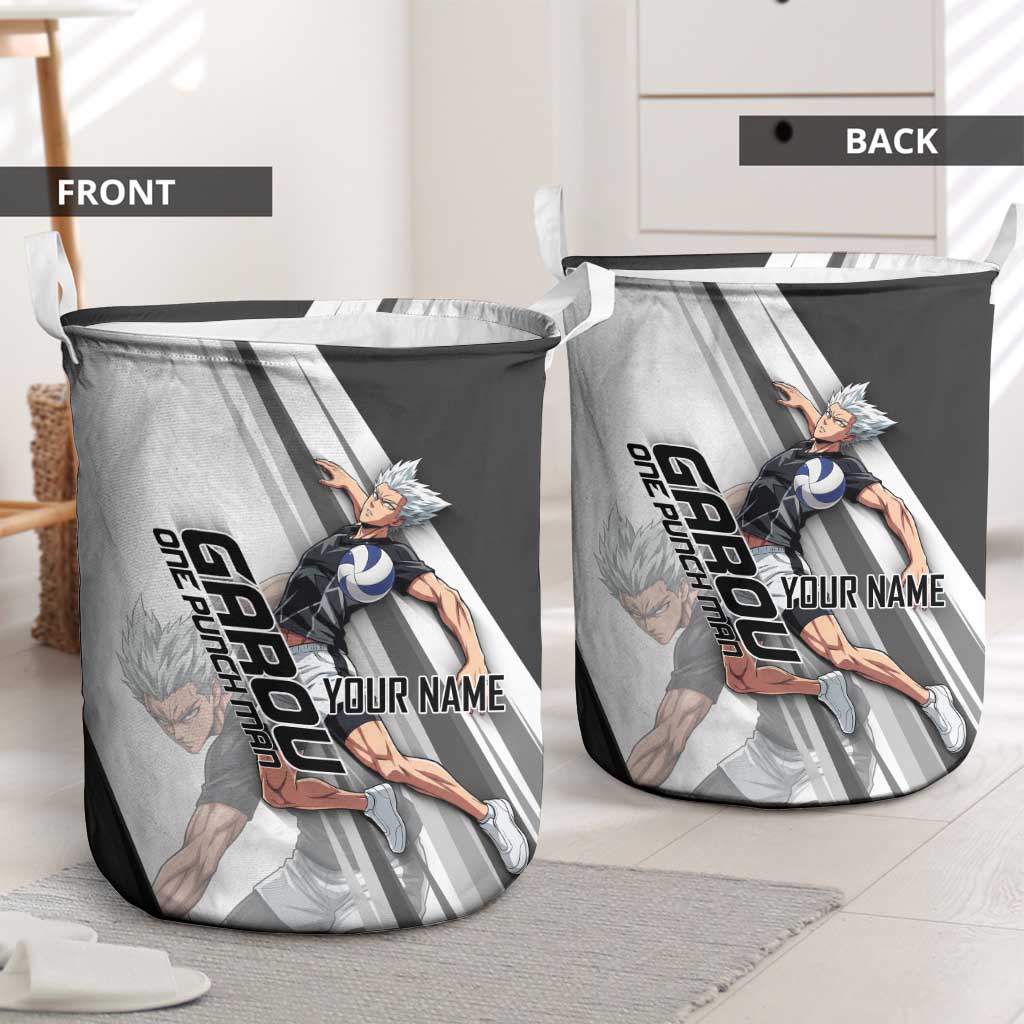 Personalized Garou Volleyball Action Design Laundry Basket with Monochrome Stripes and Dynamic Pose