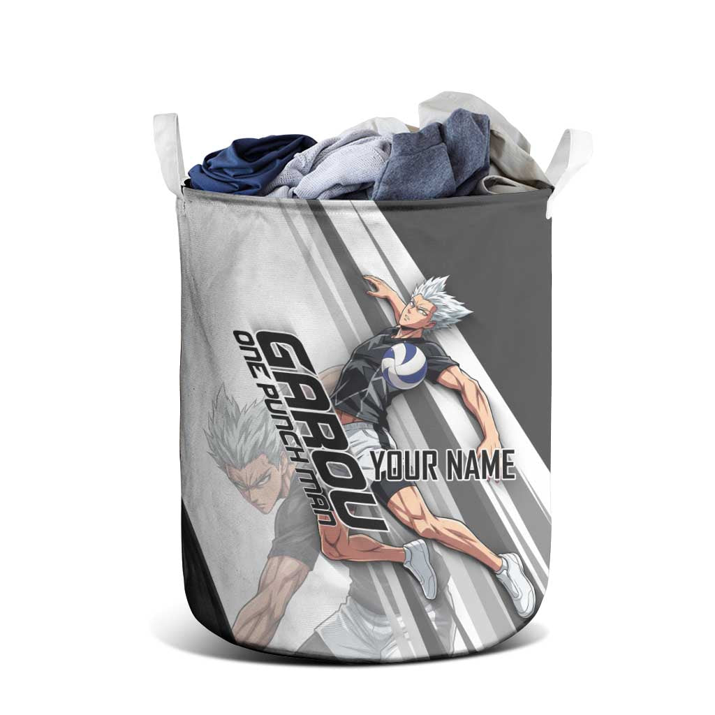 Personalized Garou Volleyball Action Design Laundry Basket with Monochrome Stripes and Dynamic Pose