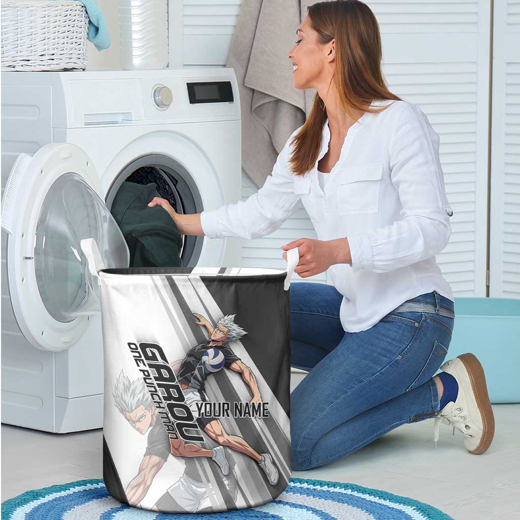 Personalized Garou Volleyball Action Design Laundry Basket with Monochrome Stripes and Dynamic Pose