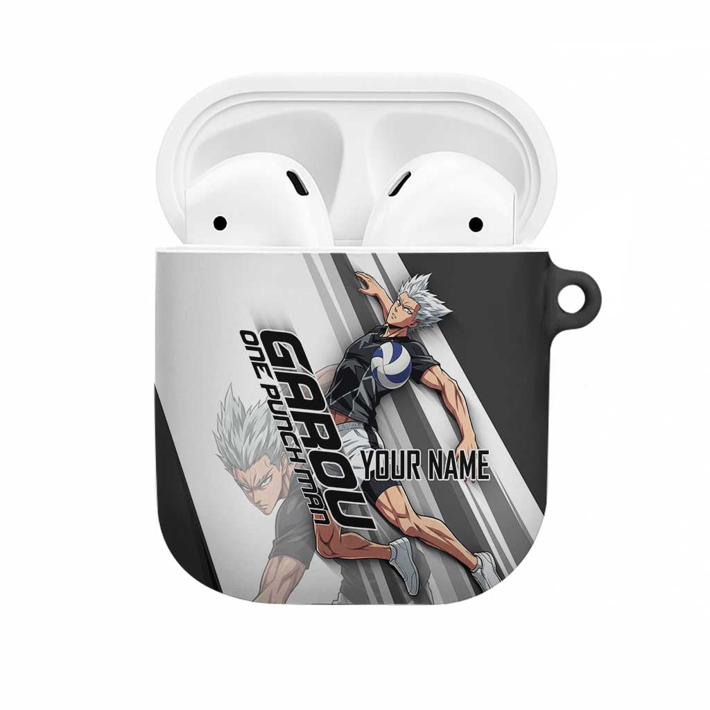 Personalized Garou Volleyball Action Design AirPods Case with Monochrome Stripes and Dynamic Pose
