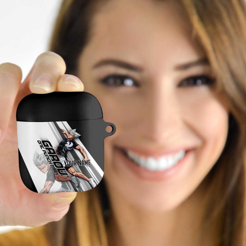 Personalized Garou Volleyball Action Design AirPods Case with Monochrome Stripes and Dynamic Pose