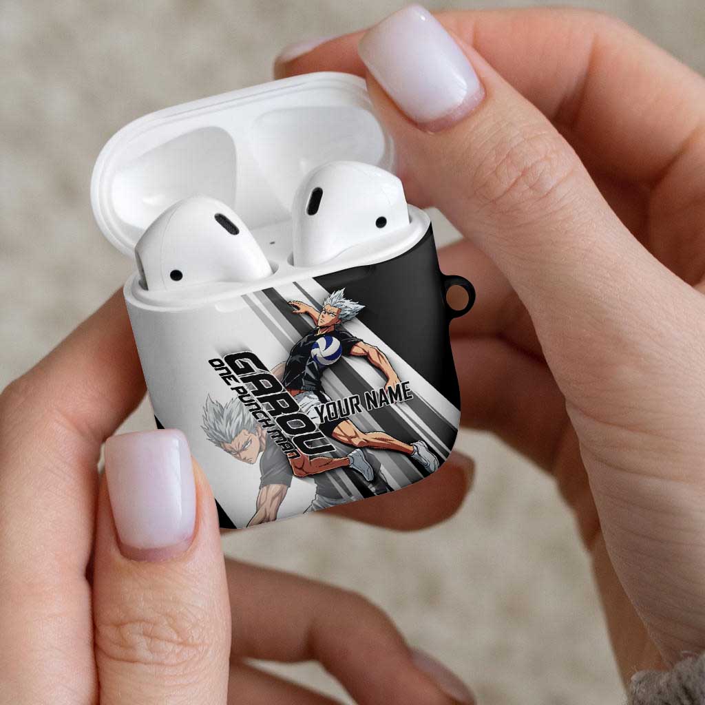 Personalized Garou Volleyball Action Design AirPods Case with Monochrome Stripes and Dynamic Pose