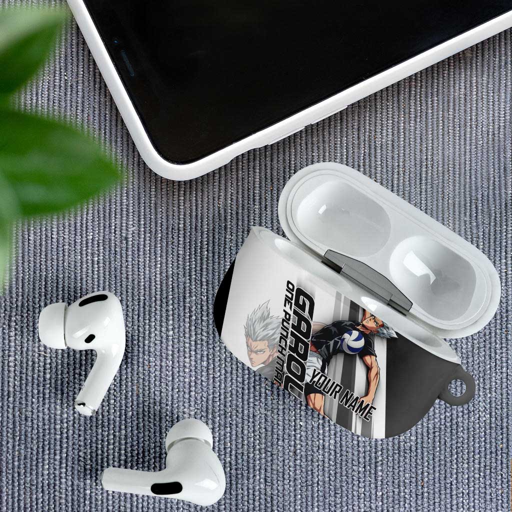 Personalized Garou Volleyball Action Design AirPods Case with Monochrome Stripes and Dynamic Pose