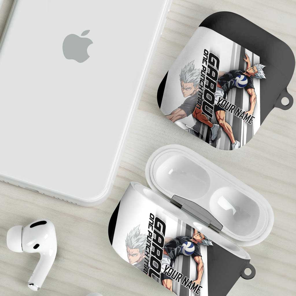 Personalized Garou Volleyball Action Design AirPods Case with Monochrome Stripes and Dynamic Pose