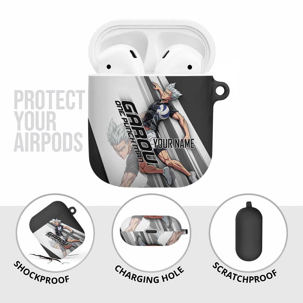 Personalized Garou Volleyball Action Design AirPods Case with Monochrome Stripes and Dynamic Pose