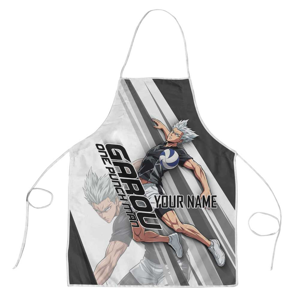 Personalized Garou Volleyball Action Design Apron with Monochrome Stripes and Dynamic Pose
