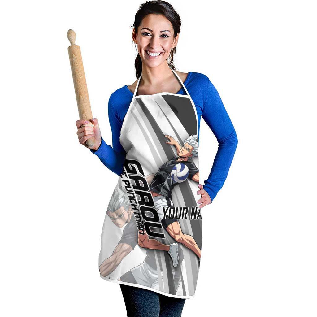 Personalized Garou Volleyball Action Design Apron with Monochrome Stripes and Dynamic Pose
