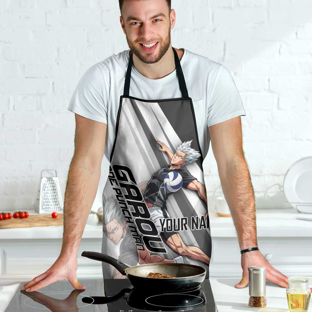 Personalized Garou Volleyball Action Design Apron with Monochrome Stripes and Dynamic Pose