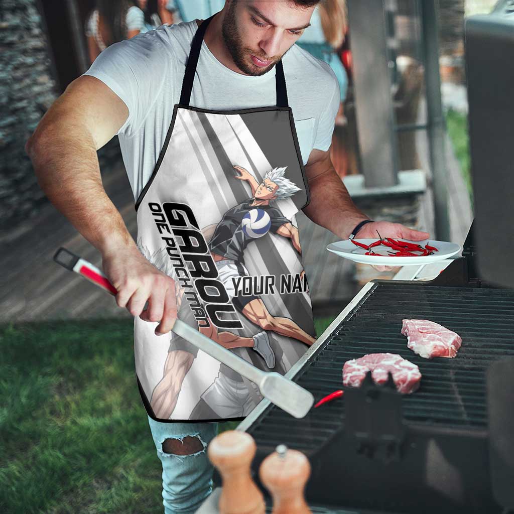 Personalized Garou Volleyball Action Design Apron with Monochrome Stripes and Dynamic Pose