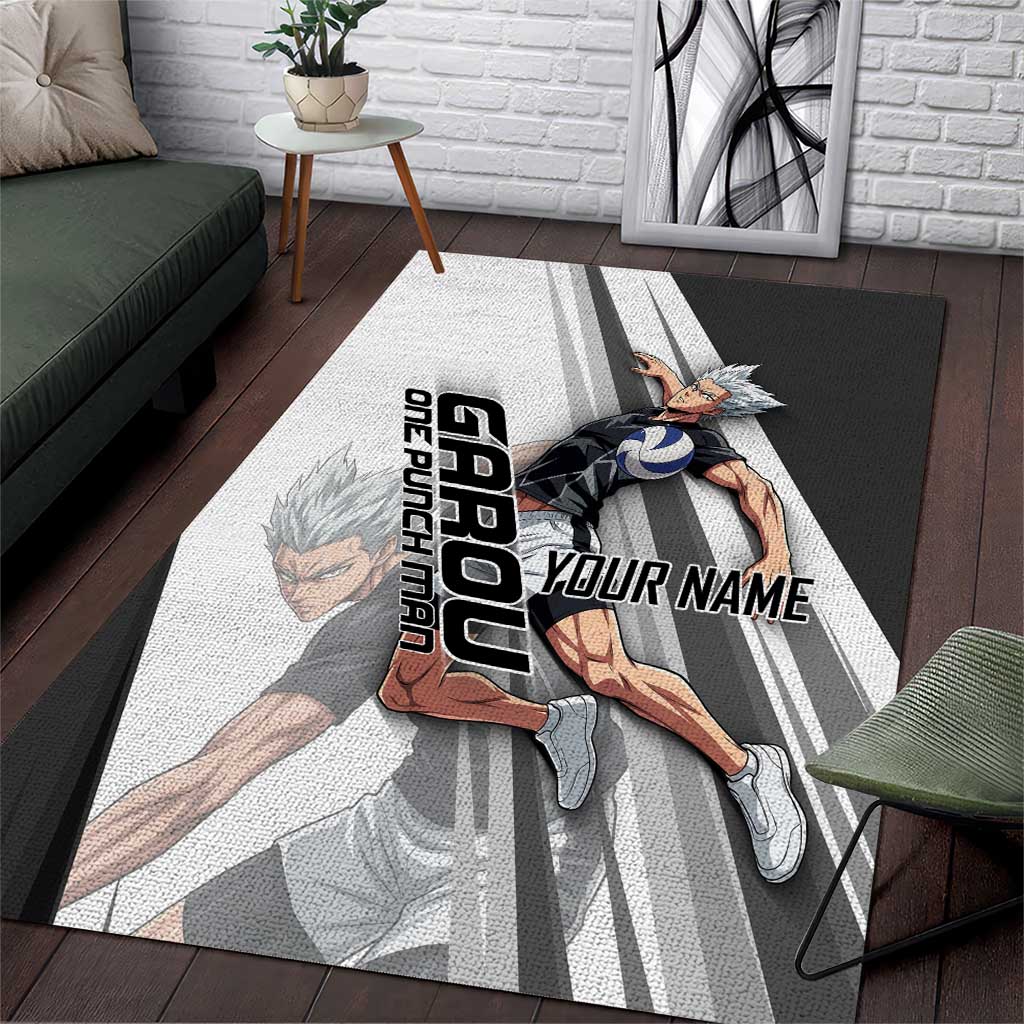 Personalized Garou Volleyball Action Design Area Rug with Monochrome Stripes and Dynamic Pose