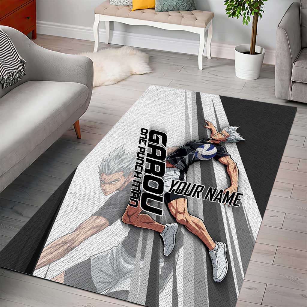 Personalized Garou Volleyball Action Design Area Rug with Monochrome Stripes and Dynamic Pose