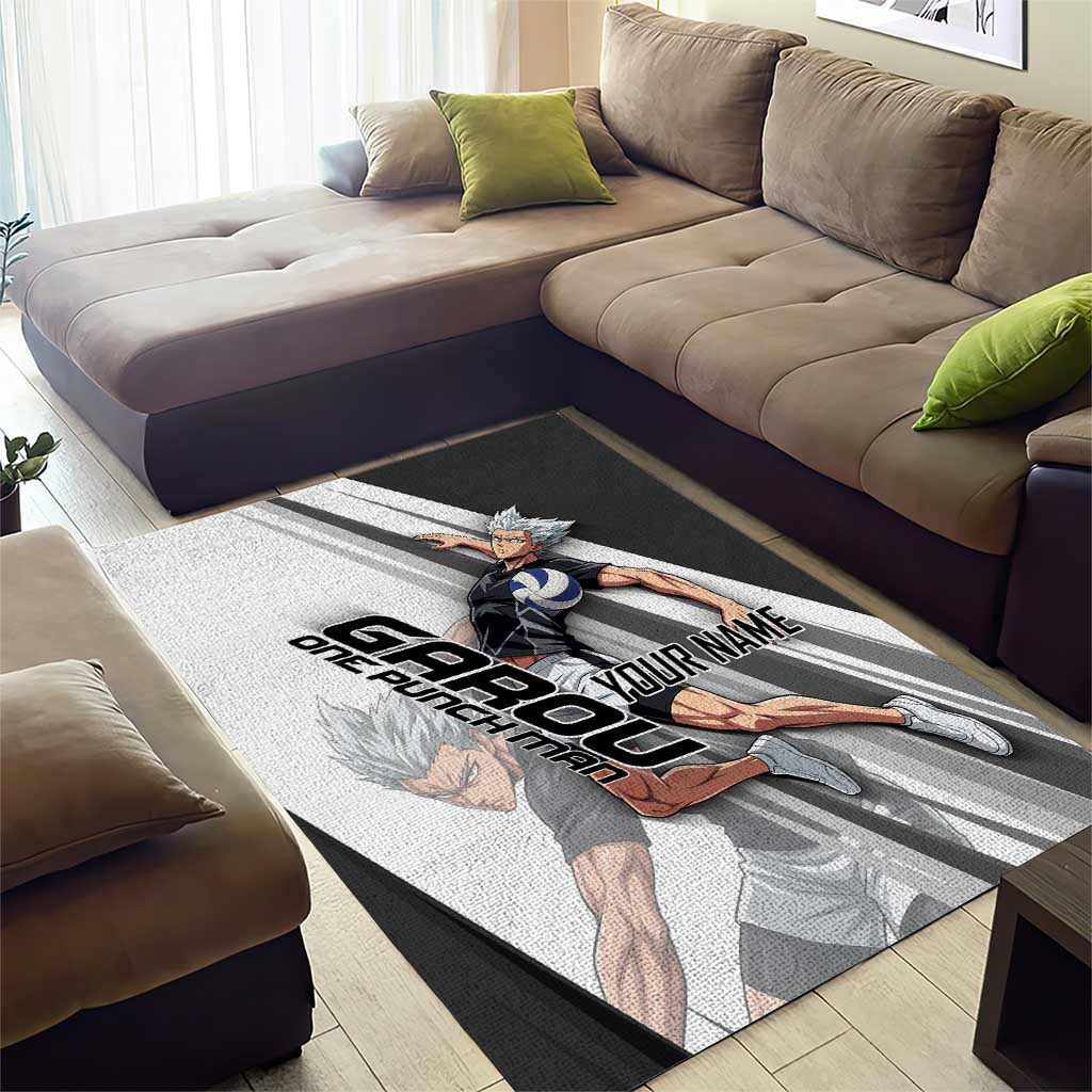 Personalized Garou Volleyball Action Design Area Rug with Monochrome Stripes and Dynamic Pose