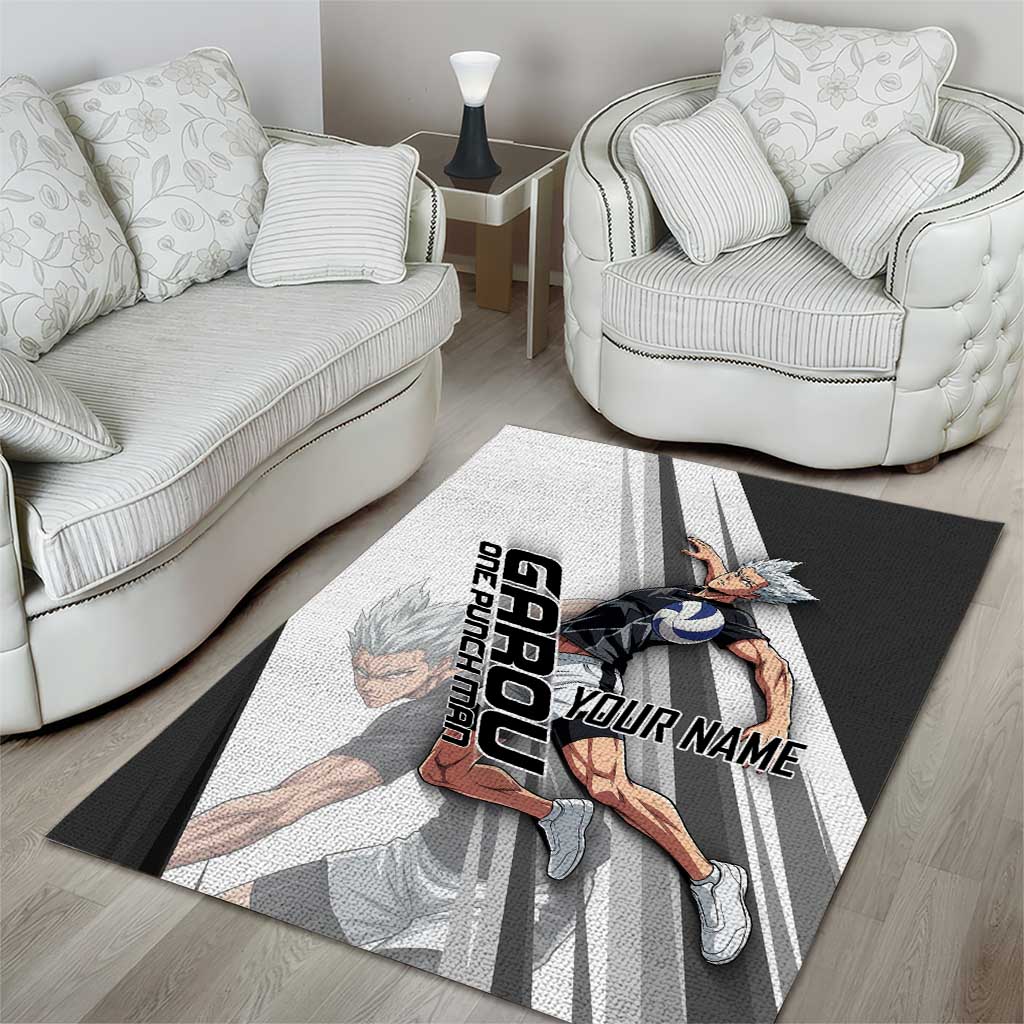 Personalized Garou Volleyball Action Design Area Rug with Monochrome Stripes and Dynamic Pose