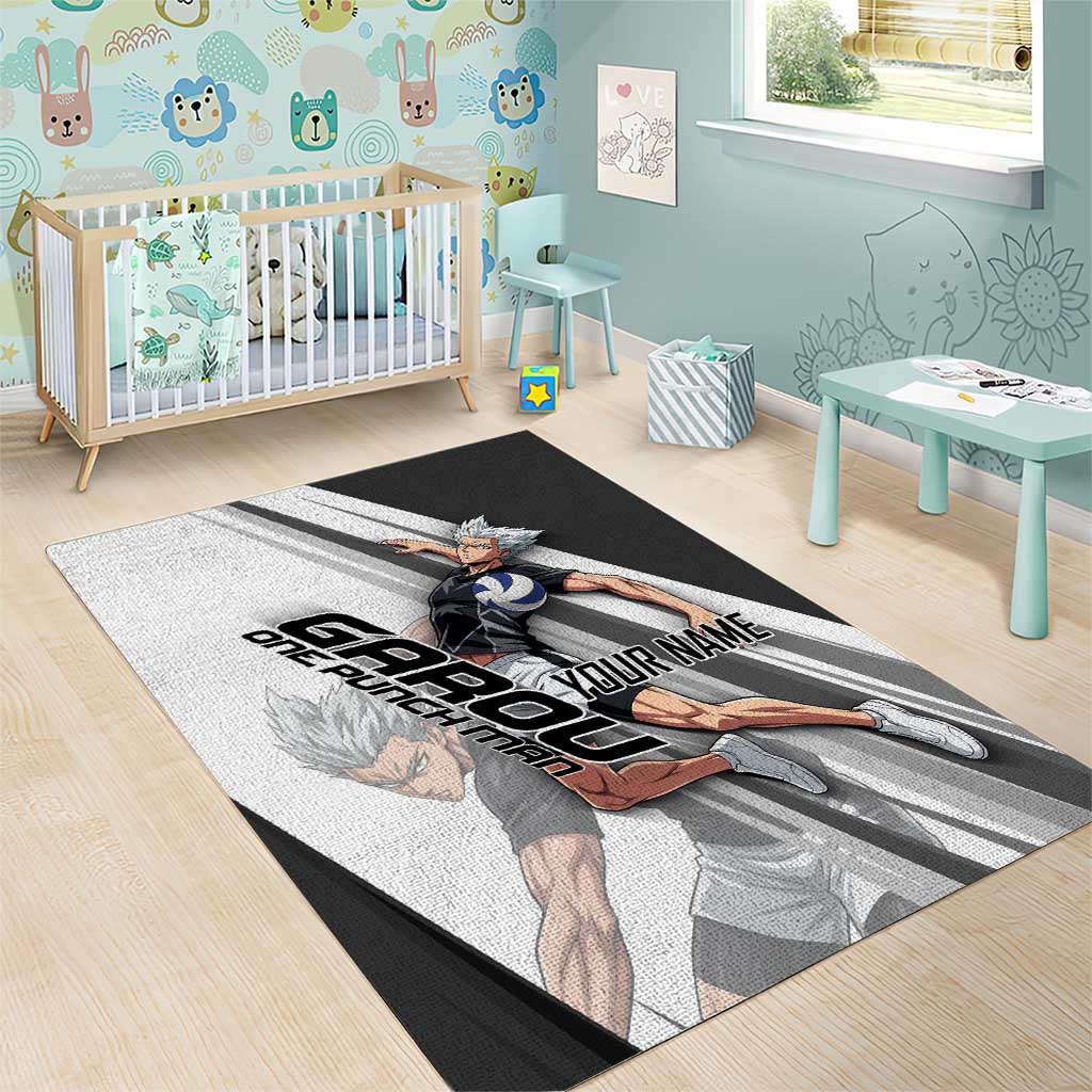 Personalized Garou Volleyball Action Design Area Rug with Monochrome Stripes and Dynamic Pose