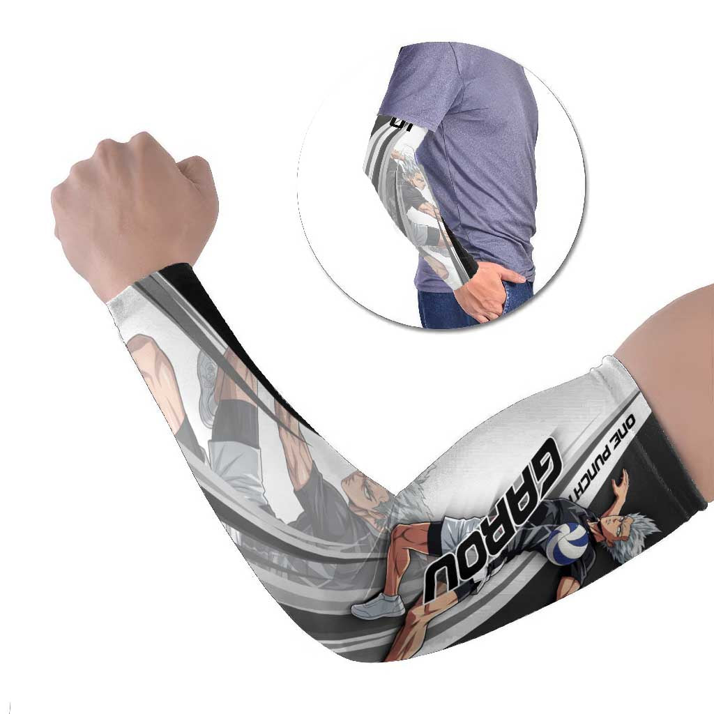 Personalized Garou Volleyball Action Design Arm Sleeves with Monochrome Stripes and Dynamic Pose