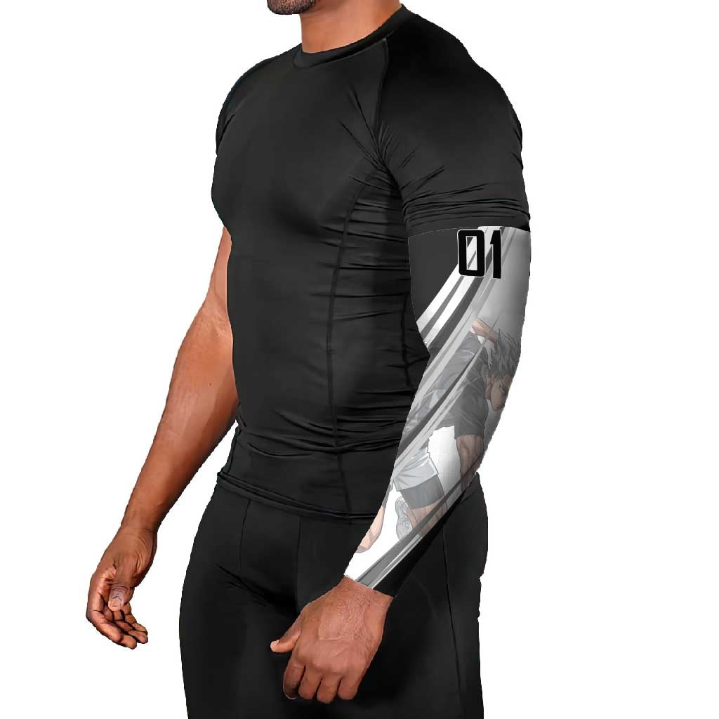 Personalized Garou Volleyball Action Design Arm Sleeves with Monochrome Stripes and Dynamic Pose
