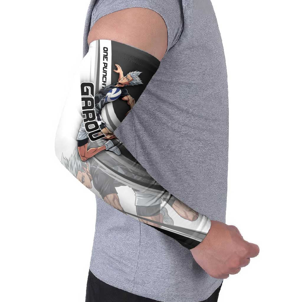 Personalized Garou Volleyball Action Design Arm Sleeves with Monochrome Stripes and Dynamic Pose