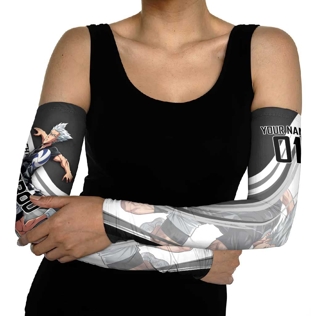 Personalized Garou Volleyball Action Design Arm Sleeves with Monochrome Stripes and Dynamic Pose