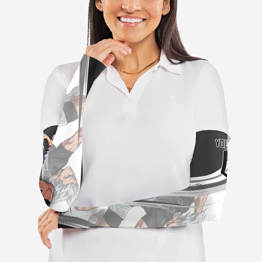 Personalized Garou Volleyball Action Design Arm Sleeves with Monochrome Stripes and Dynamic Pose