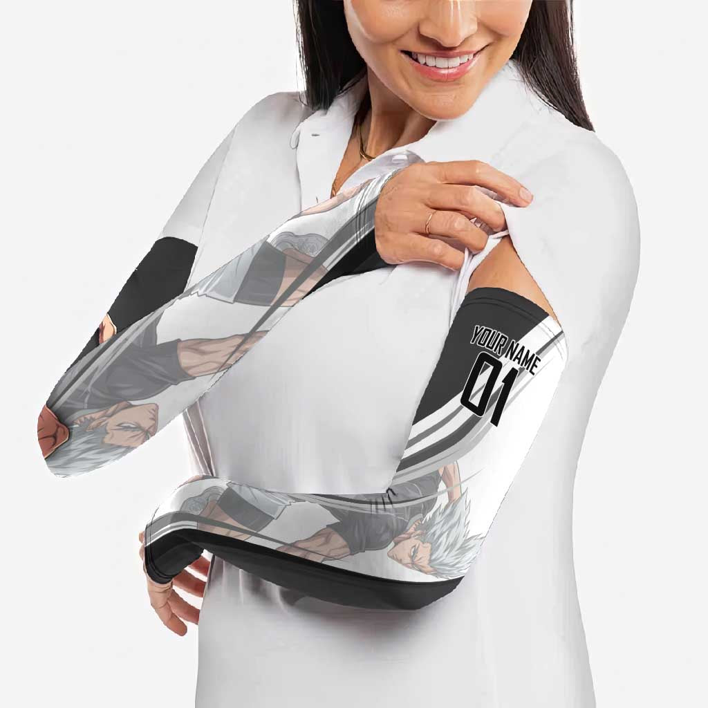 Personalized Garou Volleyball Action Design Arm Sleeves with Monochrome Stripes and Dynamic Pose