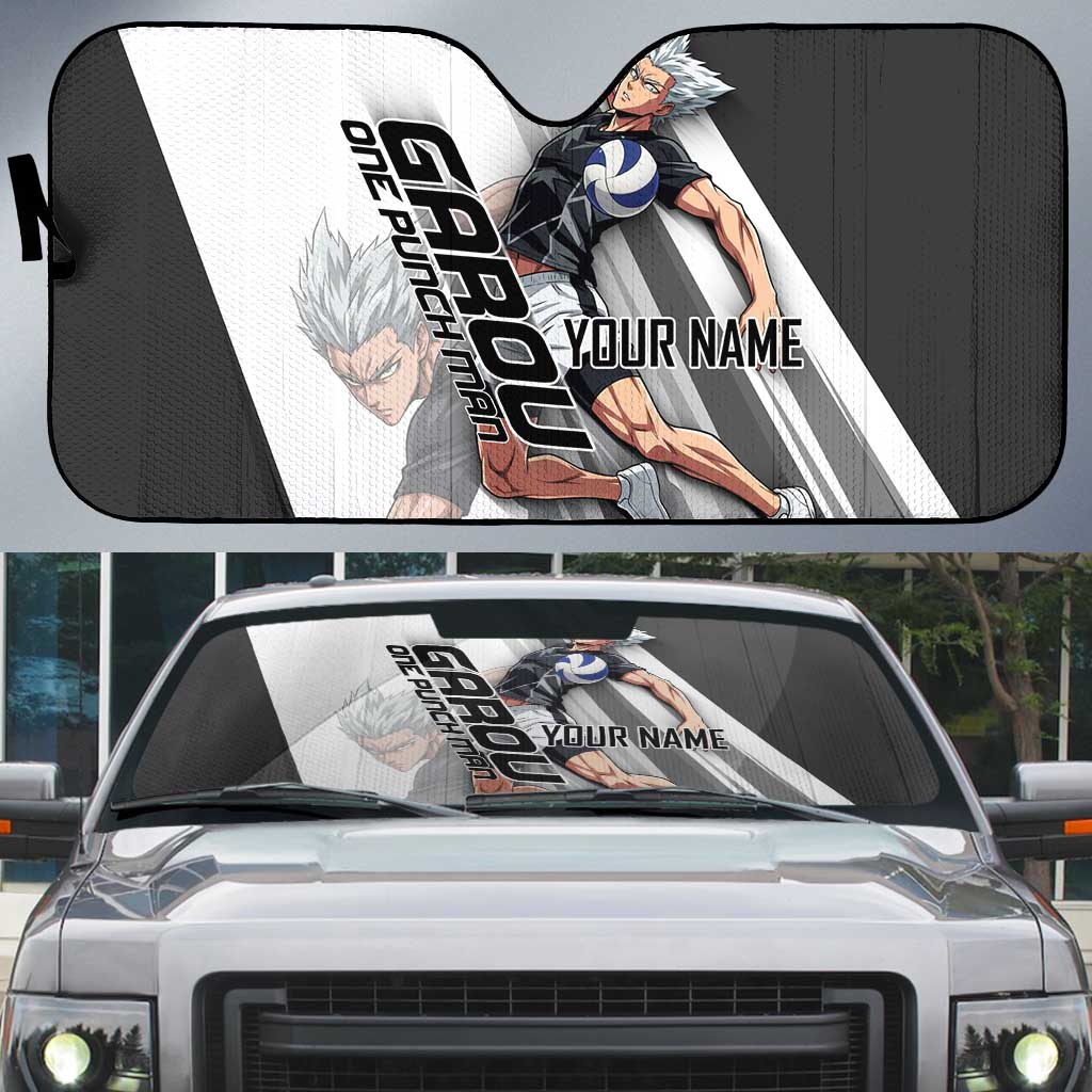 Personalized Garou Volleyball Action Design Auto Sun Shade with Monochrome Stripes and Dynamic Pose