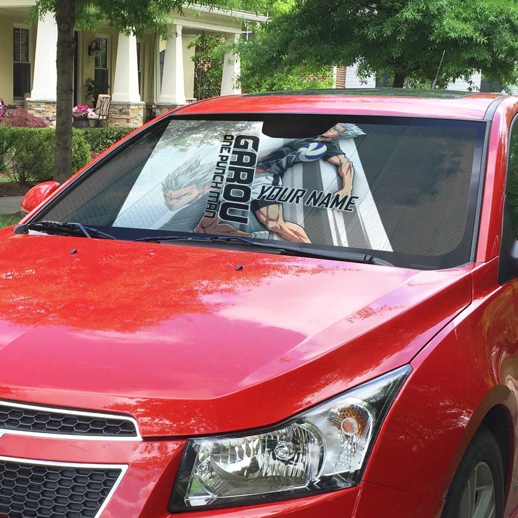 Personalized Garou Volleyball Action Design Auto Sun Shade with Monochrome Stripes and Dynamic Pose