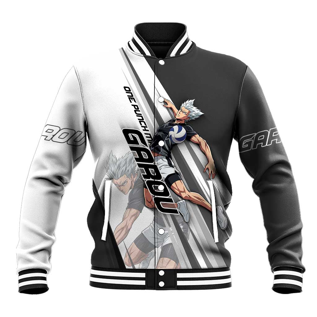 Personalized Garou Volleyball Action Design Baseball Jacket with Monochrome Stripes and Dynamic Pose