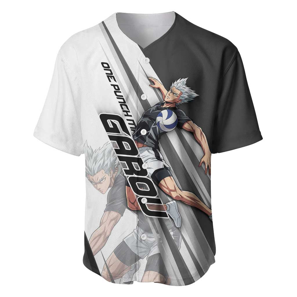 Personalized Garou Volleyball Action Design Baseball Jersey with Monochrome Stripes and Dynamic Pose
