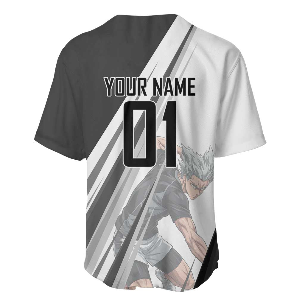 Personalized Garou Volleyball Action Design Baseball Jersey with Monochrome Stripes and Dynamic Pose