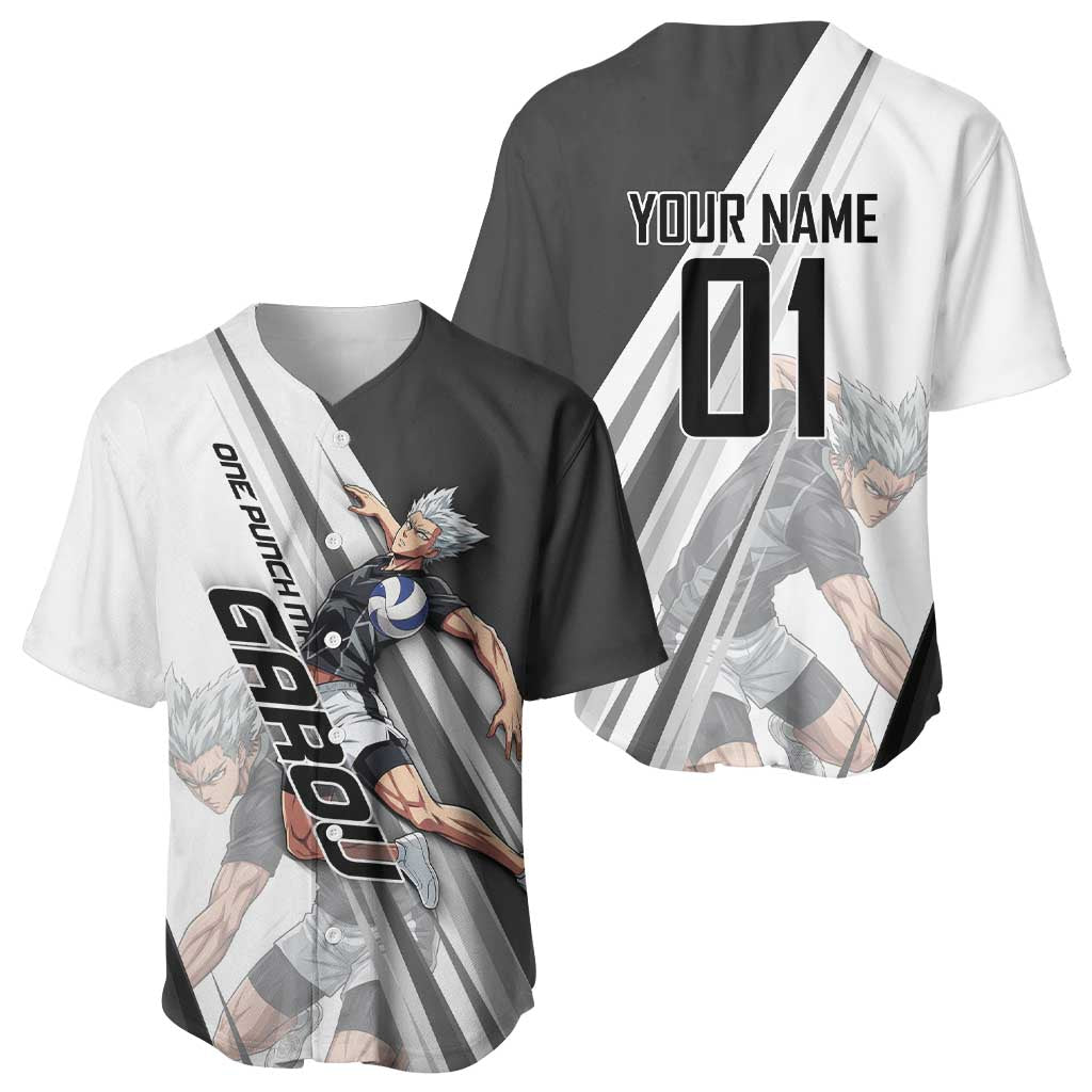 Personalized Garou Volleyball Action Design Baseball Jersey with Monochrome Stripes and Dynamic Pose