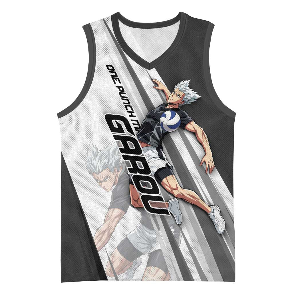 Personalized Garou Volleyball Action Design Basketball Jersey with Monochrome Stripes and Dynamic Pose