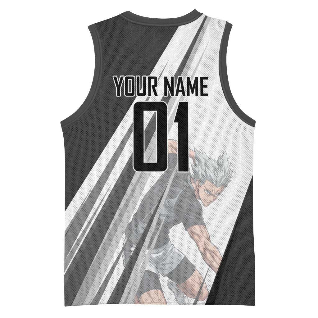 Personalized Garou Volleyball Action Design Basketball Jersey with Monochrome Stripes and Dynamic Pose