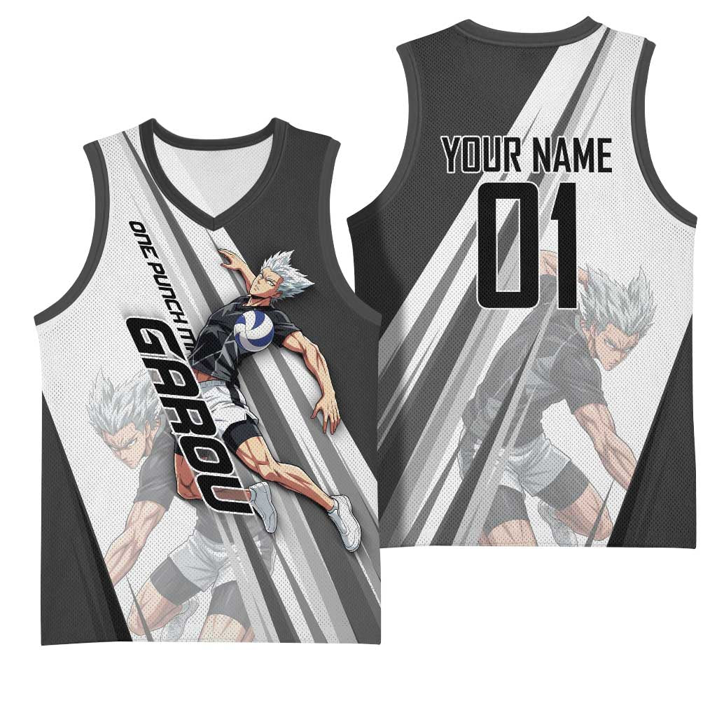 Personalized Garou Volleyball Action Design Basketball Jersey with Monochrome Stripes and Dynamic Pose