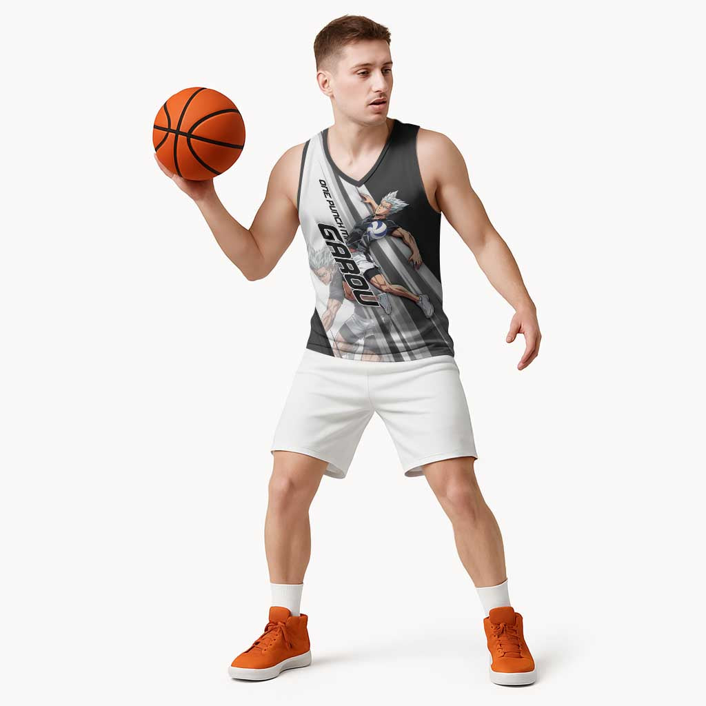 Personalized Garou Volleyball Action Design Basketball Jersey with Monochrome Stripes and Dynamic Pose
